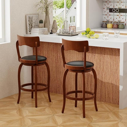 COSTWAY Bar Stools Set of 4, 29 Inch Swivel Bar Height Chairs with Rubber Wood Frame, Upholstered Seat, High Back Barstools for Kitchen Island, Home Bar, Pub, Brown (4, Seat Height: 29”)