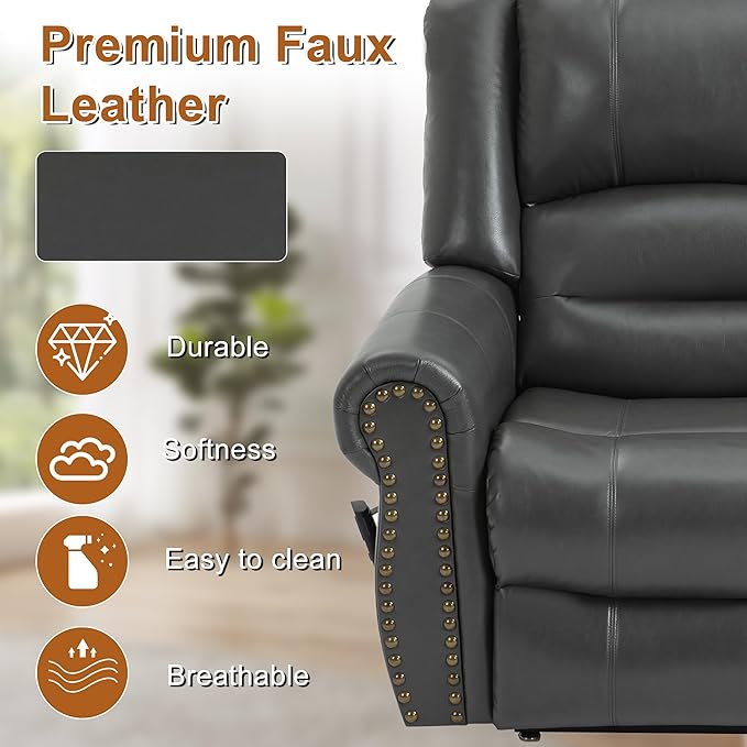Luxlen Power Lift Recliner Chair for Elderly, Dual Motor Massage Recliner with Lumbar Heat, Heavy Duty Motion Mechanism Lift Chair with Charge Ports, Faux Leather - Gray