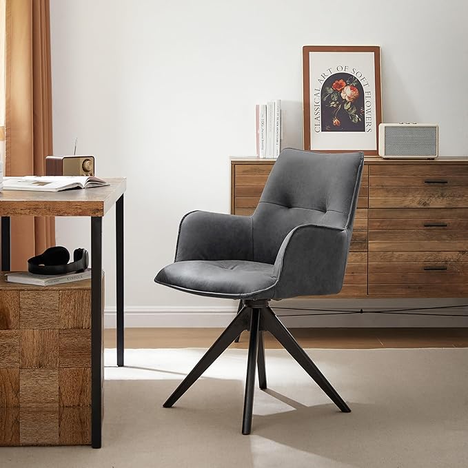 Art Leon Swivel Desk Chair - Faux Leather Upholstered Office Chair No Wheels, Mid Century Modern Armchair with Black Oak Wood Legs for Small Space Living Room Bedroom, Black