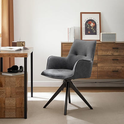 Art Leon Swivel Desk Chair - Faux Leather Upholstered Office Chair No Wheels, Mid Century Modern Armchair with Black Oak Wood Legs for Small Space Living Room Bedroom, Black