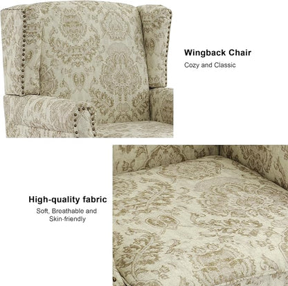 Accent Chair, Upholstered High Back Floral Armchair with Nailhead Trim & Wood Legs, Comfy Wingback Reading Single Sofa Chair for Small Spaces, Living Room, Bedroom ( Light Brown Floral, Set of 2)