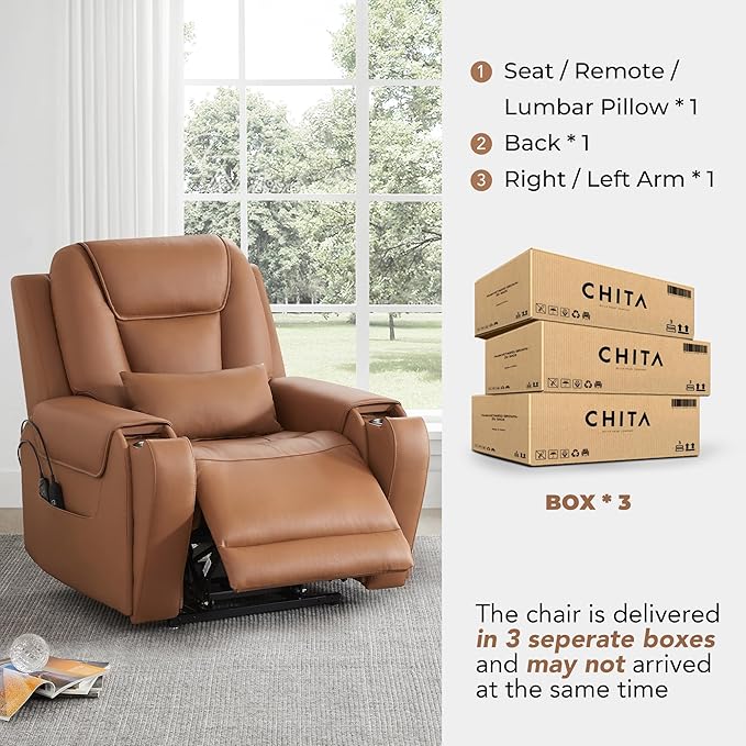 CHITA Electric Power Lift Recliner Chair for Elderly with Massage and Heat, Large Lay Flat Genuine Leather Recliner Chair with Cup Holders, USB Ports, Power Headrest, Independent Backrest, Navy