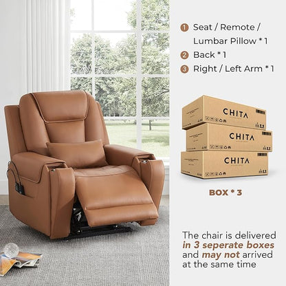 CHITA Electric Power Lift Recliner Chair for Elderly with Massage and Heat, Large Lay Flat Genuine Leather Recliner Chair with Cup Holders, USB Ports, Power Headrest, Independent Backrest, Saddle