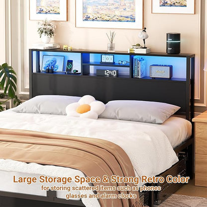Aheaplus Headboard for Queen Size Bed with Storage, Headboards with Outlets, USB Ports and LED Light, Queen Size Head Board Only, Height Adjustable, Reversible, Sturdy and Stable Headboard, Black