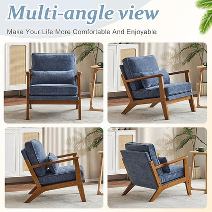 VINGLI Solid Wood Wide Armrests Accent Chair Set of 2,Upholstered Mid Century Modern Chair with Pillow,Comfy Reading Chair Farmhouse,Chairs Living Room,Bedroom,Guest Room,Chenille Fabric,Dark Blue