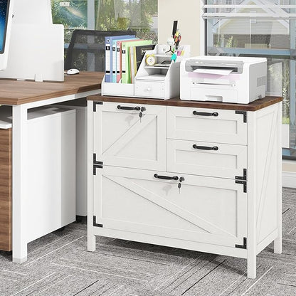 Lateral File Cabinet with 4 Drawers, Farmhouse File Cabinet for Letter/Legal/A4 Size Hanging Files, Large Wood File Storage Cabinets Printer Stand for Home Office Cabinets, White with Lock
