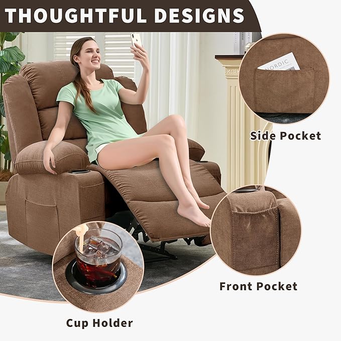 Large Recliner Chair for Adults Overstuffed Fabric Manual Pull Tab Recliner with Cup Holders, Side Pocket, 3-Position Recline, Minimalist Style Single Sofa Chair for Living Room Bedroom, Brown