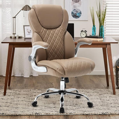 Leather Executive Office Chair, High Back Ergonomic Office Desk Chairs with Wheels, 90-120° Rocking Managerial Home Computer Chairs with Flip up Arms and Lumbar Support(Light Brown)