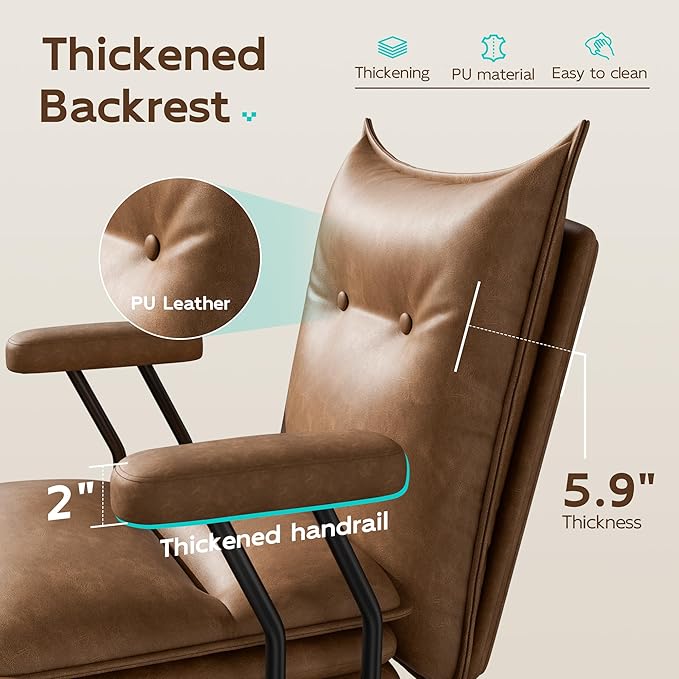 Brown Leather Office Chair with Wheels, Triple-Layers Thicken Wide Seat Height Adjustable, Mid-Century Modern Comfy Desk Chair for Home, Office