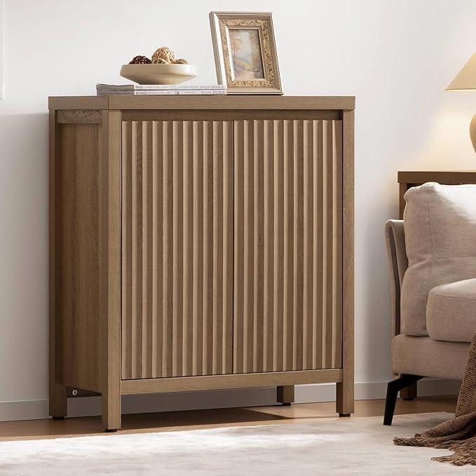 SICOTAS Sideboard Buffet Cabinet with Storage, Fluted Credenza Console Cabinet with Adjustable Shelves, Farmhouse Coffee Bar Storage Cabinets for Kitchen, Living Room, Entryway, Caramel Oak