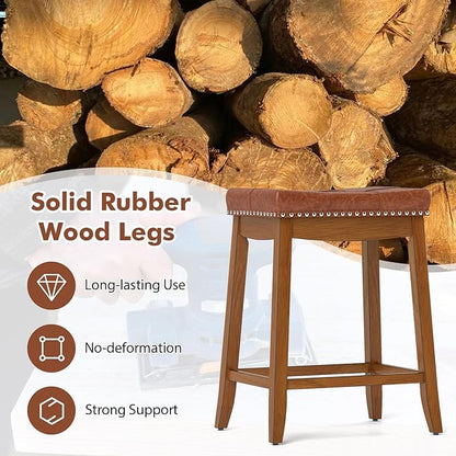 COSTWAY Saddle Bar Stools Set of 4, 25-Inch Counter Height Barstools w/PU Leather Seat, Solid Rubber Wood Frame, Footrest, Mid-Century Backless Counter Stools for Kitchen Island Home Bar