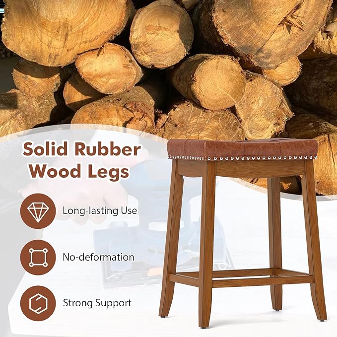 COSTWAY Saddle Bar Stools Set of 2, 25-Inch Counter Height Barstools w/PU Leather Seat, Solid Rubber Wood Frame, Footrest, Mid-Century Backless Counter Stools for Kitchen Island Home Bar