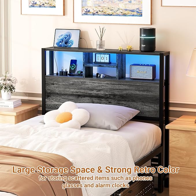 Aheaplus Headboard for Twin Size Bed with Storage, Headboards with Outlets, USB Ports and LED Light, Twin Size Head Board Only, Height Adjustable, Reversible, Sturdy and Stable Headboard, Black Oak