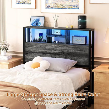 Aheaplus Headboard for Twin Size Bed with Storage, Headboards with Outlets, USB Ports and LED Light, Twin Size Head Board Only, Height Adjustable, Reversible, Sturdy and Stable Headboard, Black Oak
