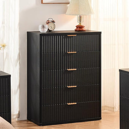 LEYAOYAO Fluted 5 Drawers Dresser for Bedroom, 41" Tall Modern Chest of Drawers with Metal Handle, Curved Profile Design,Black Wood Drawer Organizer for Bedroom, Living Room, Hallway, Entryway