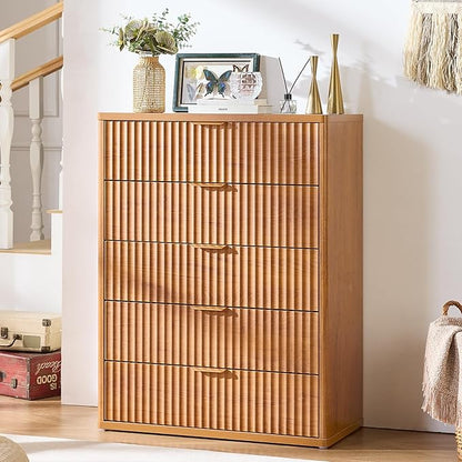 LEYAOYAO Fluted 5 Drawers Dresser for Bedroom, 41" Tall Modern Chest of Drawers with Metal Handle, Curved Profile Design,Brown Wood Drawer Organizer for Bedroom, Living Room, Hallway, Entryway