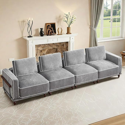146" Cloud Modular Sectional Sofa,Oversized Deep 4 Seater Couch with Armrests Wooden Legs,Comfy Thicked Cushion Upholstered Sofa for Living Room Bedroom,Light Grey