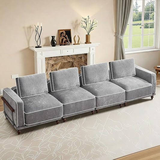 146" Cloud Modular Sectional Sofa,Oversized Deep 4 Seater Couch with Armrests Wooden Legs,Comfy Thicked Cushion Upholstered Sofa for Living Room Bedroom,Light Grey