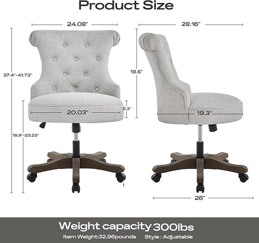 HUIMO Home Office Chair Upholstered Armless Desk Chair with Wheels Adjustable Height Computer Desk Chair with Wooden Legs Linen Comfortable Swivel Chairs for Home Office Study Studio (Light Grey)