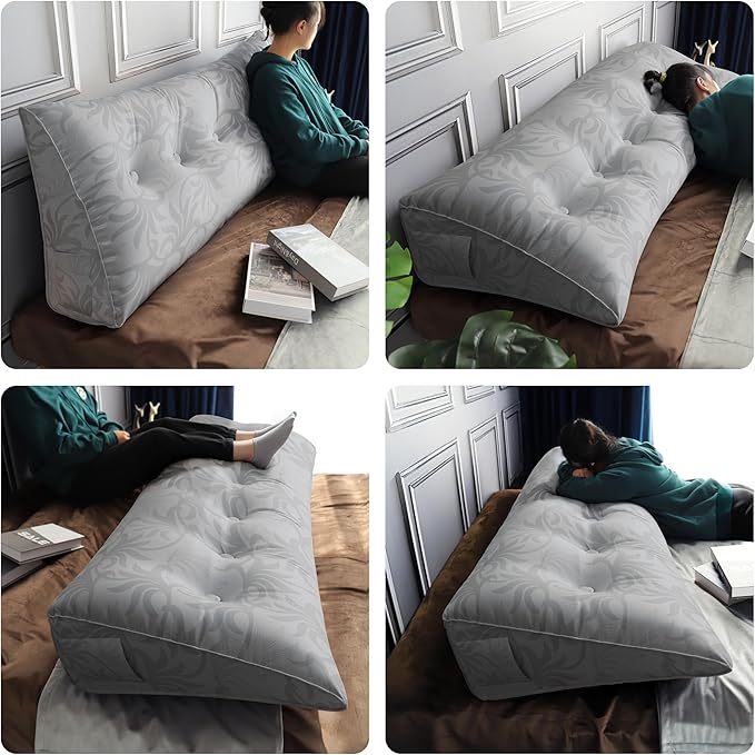 WOWMAX Headboard Pillow Queen Triangular Bed Wedge Pillow for Headboard Wedge Pillow Headboard for Daybed Bunk Bed Silver Bolster Pillow for Bed, Jacquard Satin Fabric 100% Pure Cotton, Light Grey