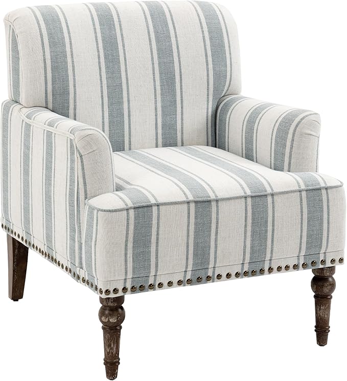 UIXE Stripe Accent Chair, Living Room Arm Chairs Modern Nailhead Trim Club Armchair with Wood Legs, Comfy Upholstered Sofa Lounge Seat Reading Seat Bedroom Side Seating for Home Office, Blue