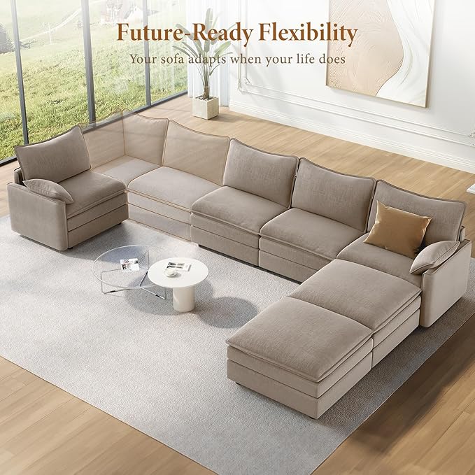Vesgantti 142" U Shaped Sectional Couch, Comfy Cloud Modular Sectional Sofa with 2 Ottoman Deep Seat Chenille Modern Cloud Sofa, Modular Sofas for Living Room, Bedroom and Apartment, Light Brown