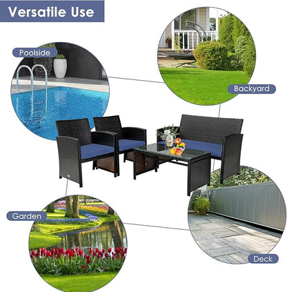 COSTWAY Patio Furniture Set 4 Pieces, Outdoor Wicker Chairs Sofa w/Coffee Table and Soft Cushions, Rattan Conversation Sets for Patio Lawn Backyard Yard Pool Garden, Navy