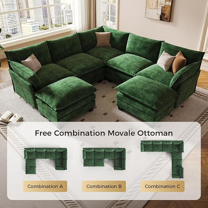 KKL 120" Modular Sectional Sofa, Large V Shape 7 Seater Convertible J/L/U-Shaped Modern Sectional Couch with Ottoman, Chenille Sectional Couches for Living Room, Apartment, Green