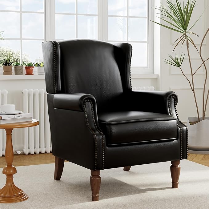 Accent Chair, Upholstered High Back Armchair with Nailhead Trim & Wood Legs, Comfy Wingback Reading Single Sofa Chair for Small Spaces, Living Room, Bedroom, Leather Black, Set of 2