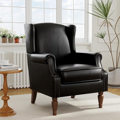 Accent Chair, Upholstered High Back Armchair with Nailhead Trim & Wood Legs, Comfy Wingback Reading Single Sofa Chair for Small Spaces, Living Room, Bedroom, Leather Black, Set of 2
