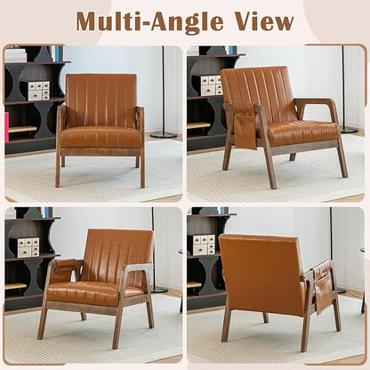 EROMMY Mid Century Modern Leather Accent Chair with Wood Frame, Faux Leather Accent Armchair with Storage Bag,Pu Living Room Accent Chair for Reading, Bedroom,Deep Brown