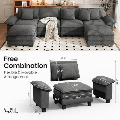 PHI VILLA Cloud Modular Couch Sets, 157.5" Large Sectional Sofa with U-Shaped Chaise, 6-Seater Couches with Movable Ottomans for Living Room, Corduroy Fabric, Grey