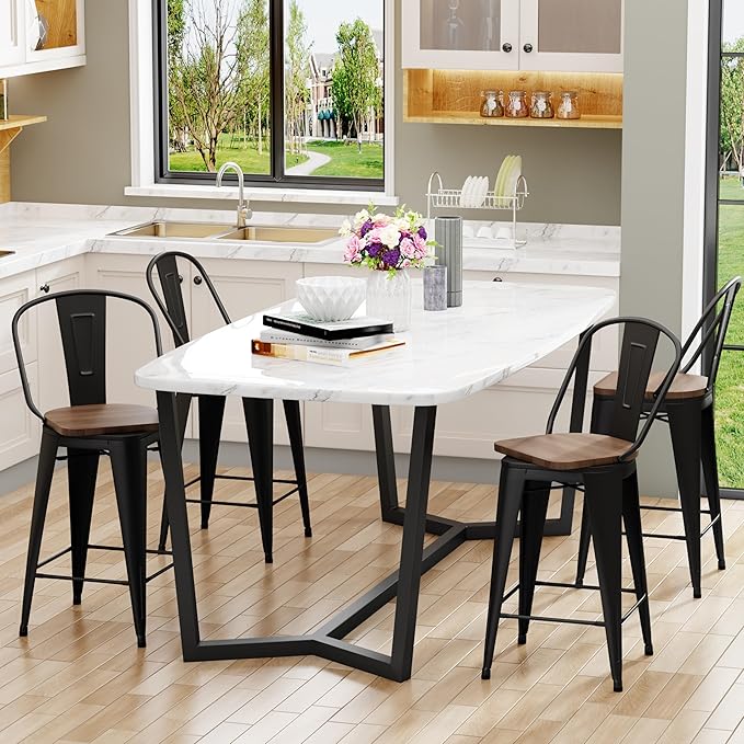 Aklaus Swivel Metal Bar Stools Set of 4 Counter Height Stools Counter Bar Stools with Back Swivel Metal Bar Chairs Wooded Seat 26 Inch Matte Black barstools