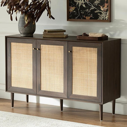 Rattan Storage Cabinet with 3 Doors, Boho Sideboard Buffet Cabinet Solid Wood Farmhouse Credenza Cabinet with Adjustable Shelves for Living Room Kitchen Entryway Hallway, Walnut
