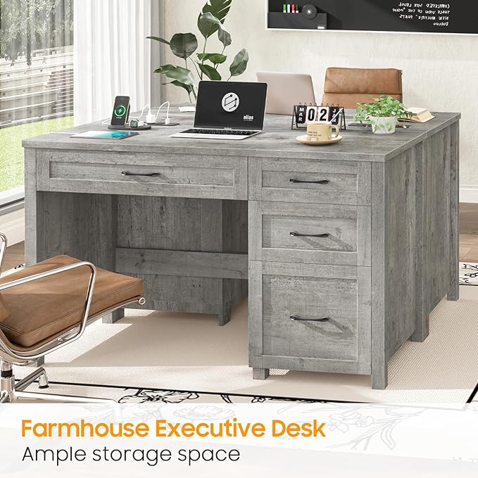 Vabches Farmhouse 47" Executive Desk with 4 Drawers, Computer Desk with File Drawer and Charging Station, Workstation for Home Office, Study.（Grey）