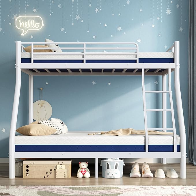 soges Twin Over Full Metal Bunk Bed Set with 6" Mattresses Included, All-in-One Bunk Bed for Adults, Heavy Duty Sturdy Bed Frame with Memory Foam Mattress, No Box Spring Needed, White