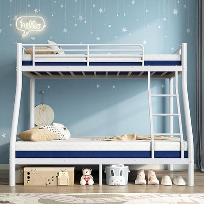 Bunk Beds Twin Over Full Size with 6" Mattresses Included, All-in-One Bunk Bed for Kids/Adults, Heavy Duty Sturdy Frame with Ladder Guardrail, With Memory Foam Mattress, Easy Assembly（White）