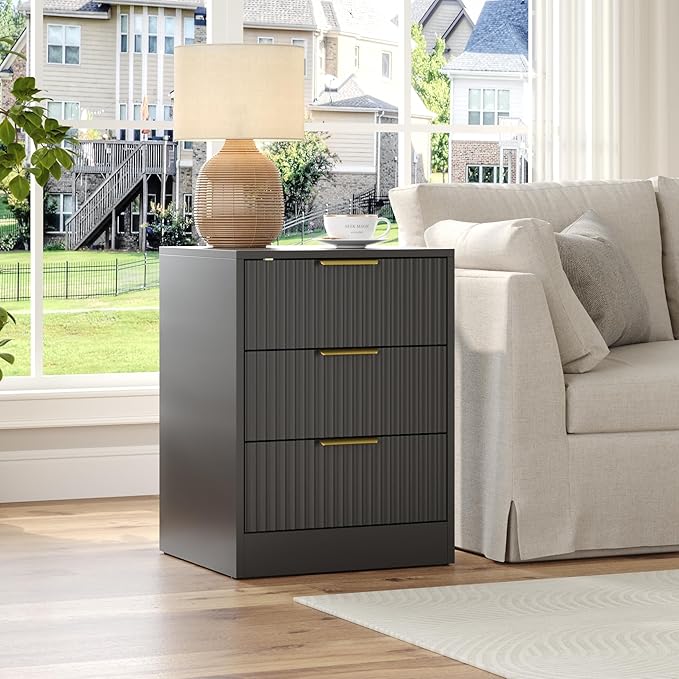 3-Piece Modern Bedroom Furniture Set, Wide 8-Drawer Dresser & 3-Drawer Nightstands Set of 2, Natural Wood Dresser and Nightstand Sets for Bedroom, Hallway, Black