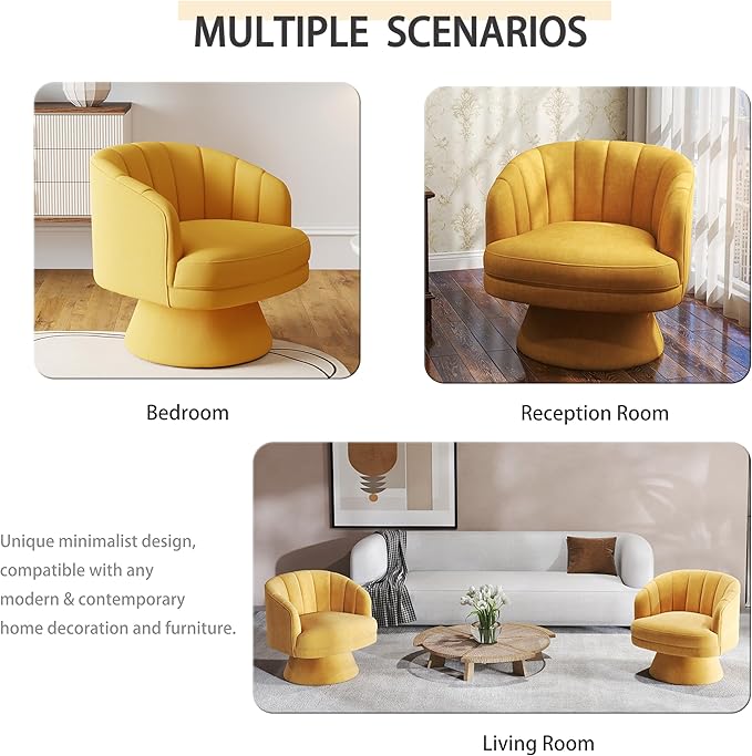 Swivel Accent Chair,Upholstered Velvet 360° Swivel Barrel Chair for Living Room Overstuffed Bouncle Reading Chair Round Armchair for Bedroom,Vanity,Office (Mustard)