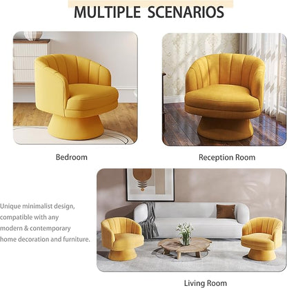 Swivel Accent Chair,Upholstered Velvet 360° Swivel Barrel Chair for Living Room Overstuffed Bouncle Reading Chair Round Armchair for Bedroom,Vanity,Office (Mustard)