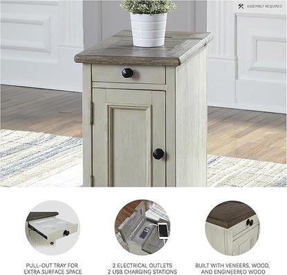 Signature Design by Ashley Bolanburg Farmhouse Chair Side End Table, 2 USB Ports, Pull-out Tray, Wood, 14" W x 24.25" D x 23" H, Antique Cream & Brown