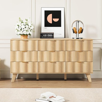 9 Drawer Dresser, Modern Fluted Storage Dresser with Deep Drawers and Metal Handles, Wood Chest of Drawers Storage Organizer for Bedroom, Living Room, Hallway (Natural)