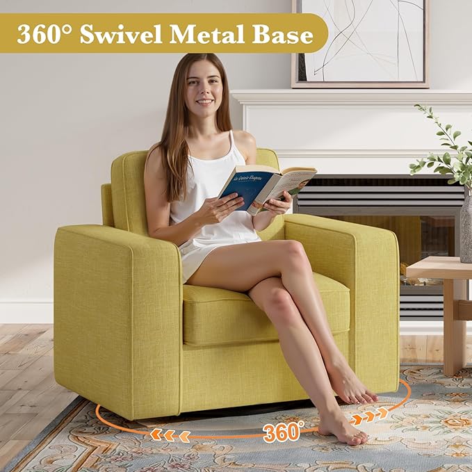 36'' Width Wide Swivel Accent Sofa Chair Set of 2, 360 Degree Rotation Oversized Wingback Armchair Linen Fabric Single Thick Cushion Soft Living Room, Office Yellow