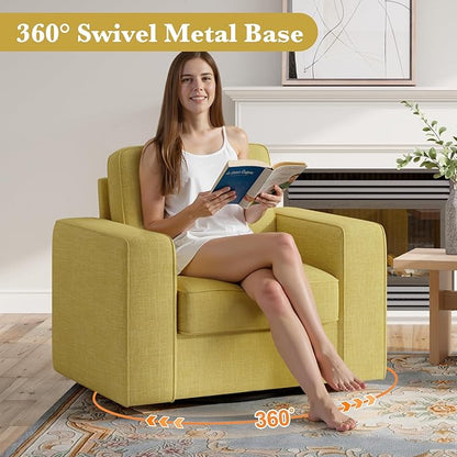 36'' Width Wide Swivel Accent Sofa Chair Set of 2, 360 Degree Rotation Oversized Wingback Armchair Linen Fabric Single Thick Cushion Soft Living Room, Office Yellow