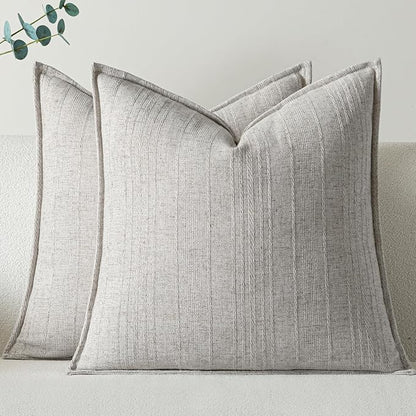 a moment Linen Pillow Covers Set of 2,Boho Farmhouse Throw Pillowcases Neutral Textured Decorative Covers for Couch Sofa,Linen Blend Accent Case Cushion Living Room Home Decor 24"x24"Beige Grey