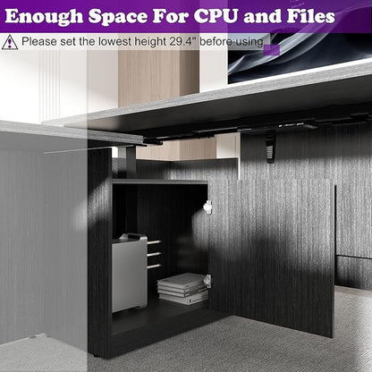 100.4'' Height Adjustable U-Shaped Executive Desk with 3-Drawer File Cabinet and Shelves (Grey-U)