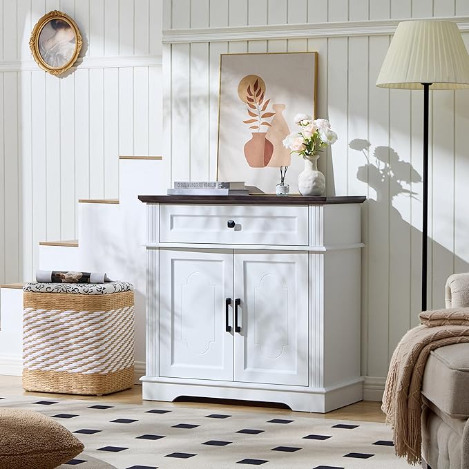 White Farmhouse Storage Cabinet with 2 Doors and 1 Drawer, Adjustable Shelf, Freestanding Kitchen Pantry Cabinet, Modern Buffet Sideboard Coffee Bar Cabinet Living Room Bathroom Dining Room