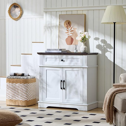 White Farmhouse Storage Cabinet with 2 Doors and 1 Drawer, Adjustable Shelf, Freestanding Kitchen Pantry Cabinet, Modern Buffet Sideboard Coffee Bar Cabinet Living Room Bathroom Dining Room