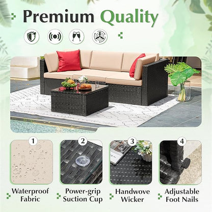 Devoko 4 Pieces Patio Furniture Sets All-Weather Outdoor Sectional Sofa Manual Weaving Wicker Rattan Patio Conversation Set with Cushion and Glass Table (Beige)