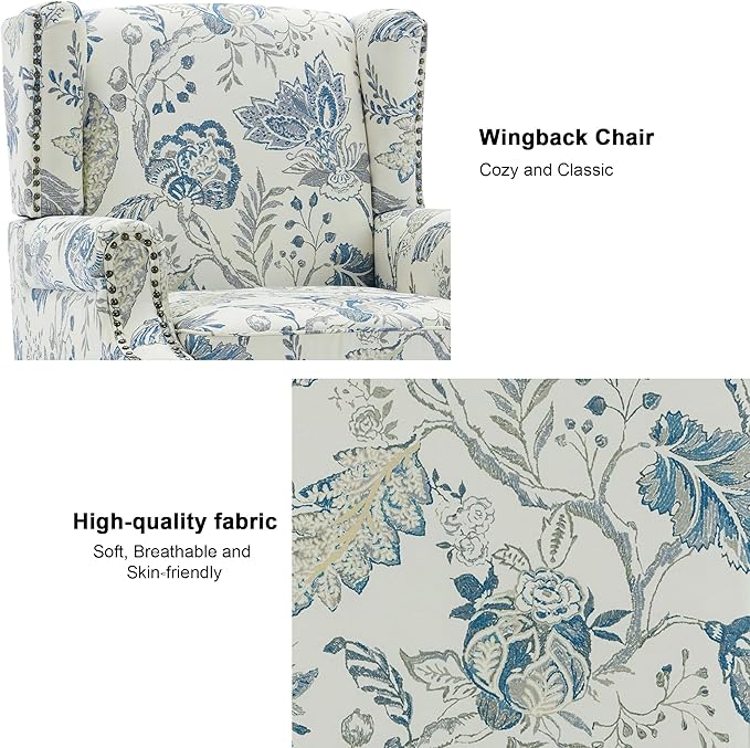 Accent Chair, Upholstered High Back Floral Armchair with Nailhead Trim & Wood Legs, Comfy Wingback Reading Single Sofa Chair for Small Spaces, Living Room, Bedroom ( Plants Blue Floral, Set of 2)